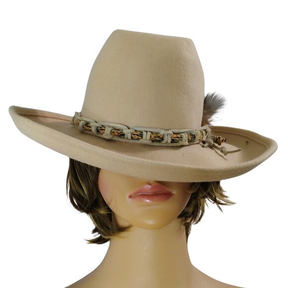 Tan Lancaster Wool Cowboy Western Hat Leather Rope Feather Hat Band Size 7 Women - Picture 2 of 10